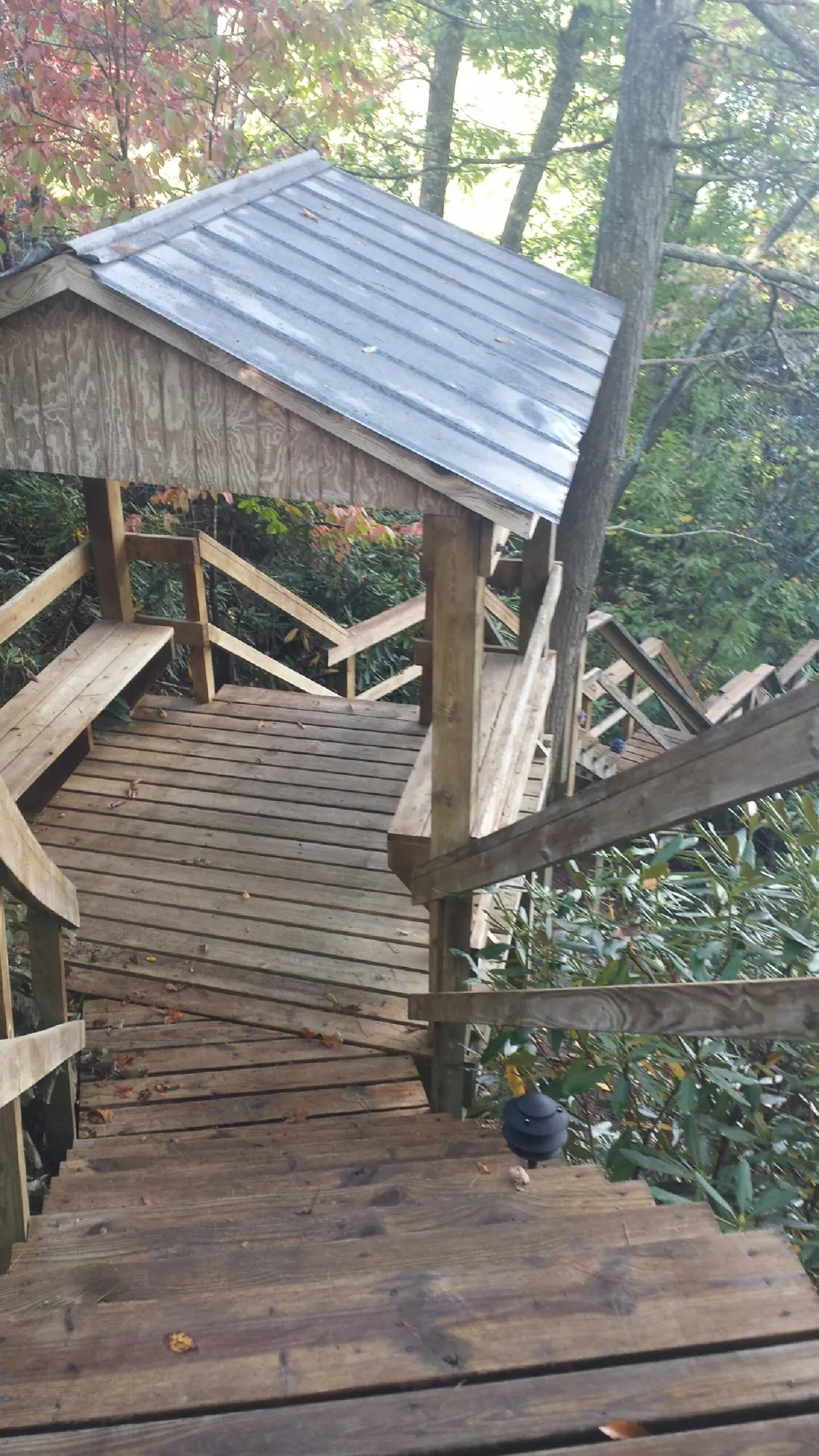 Metal roofed shelter over wooden steps on a wooded walkway — Skylight Repair & Installation work by our crew in Tabor